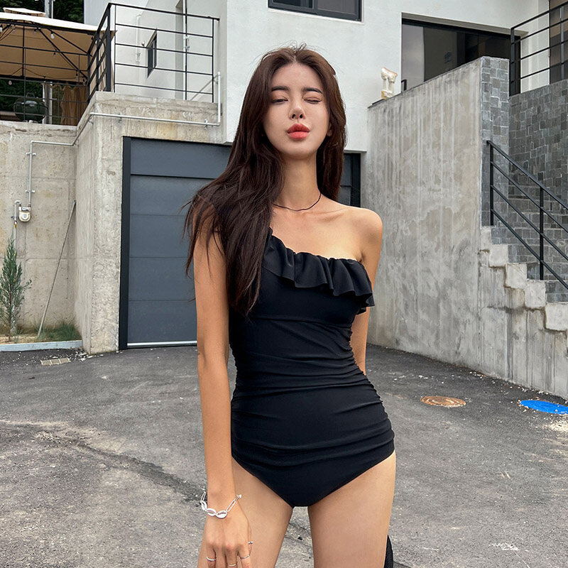 Mohan New Black 1-Piece Swimsuit Ladies One-Piece Bikini One-Shoulder Sister Hot Spring Travel Holiday Swimwear