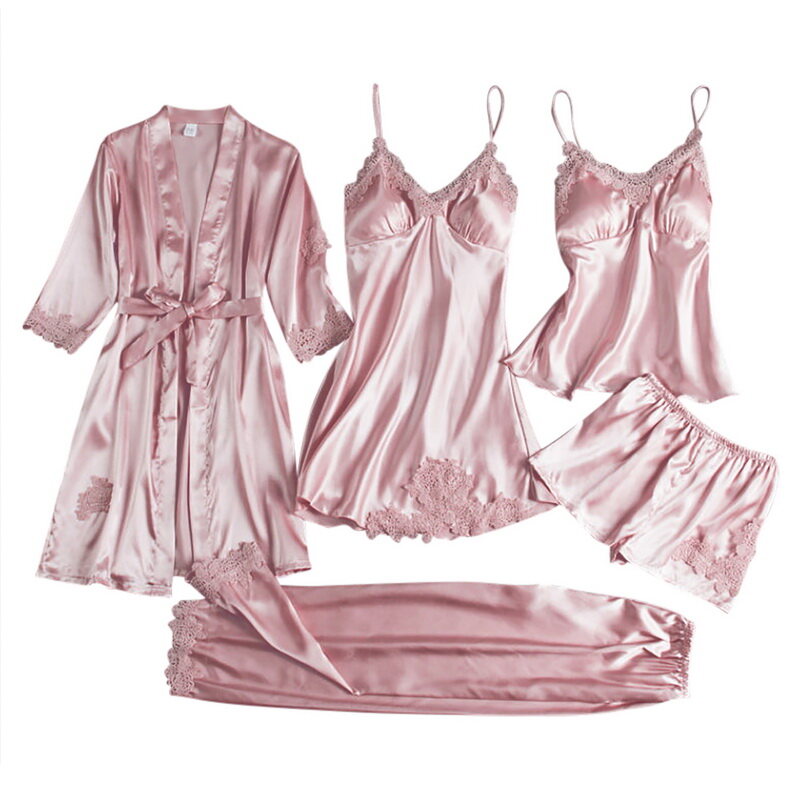 Adisputent 5PCS Sleepwear Female Pajamas Set Satin Pyjamamas Sexy Lace Patchwork Bridal Wedding Nightwear Rayon Home Wear Nighty&Robe Suit