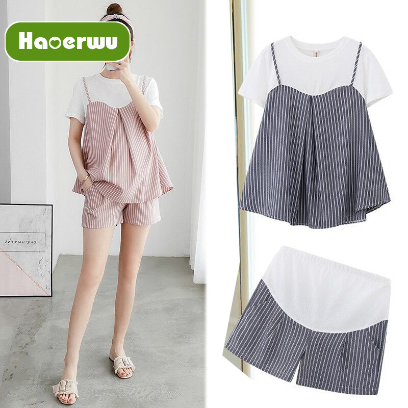 JOYNCLEON maternity clothes 2 piece set of top and shorts Maternity Fashion Striped Short Sleeve T-shirt and Pants Set