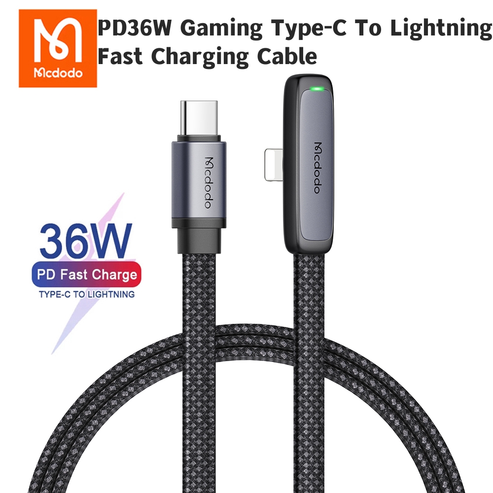 Mcdodo 90° pd36w gaming type-c to lightning cable durable and fast charging for iphone 14 13 12 11 pro max x phone charging data sync line for ipad8 ipadmini5 ipad pro airpods pro usb-c to lightning ios pd fast chargr cord