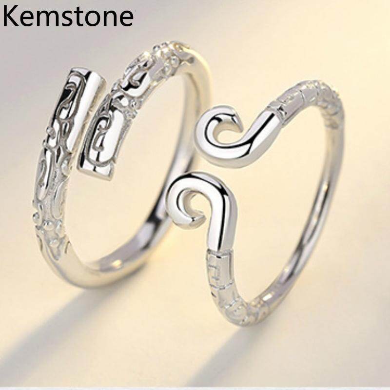Kemstone Created Silver Color Couple Rings Sun Wukong's Cudgel and Hoop Open Type Rings