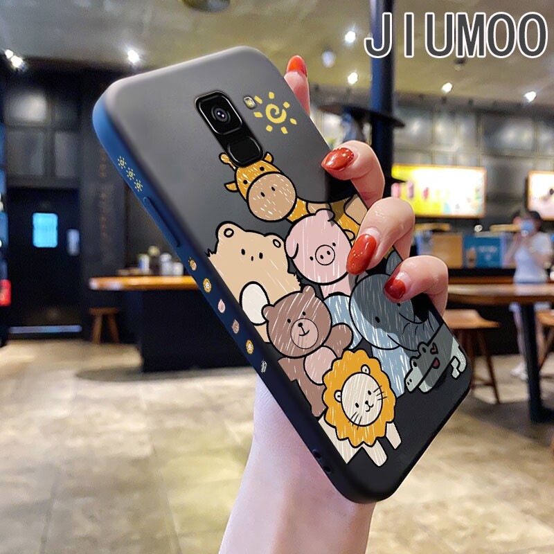 JIUMOO Case For Samsung galaxy A8 2018 Case With Cartoon Animal Lion Elephant Original Fake Side Design Phone Case Square Edge Pattern Liquid Silicone Casing Full Cover Camera Soft Protection Cases