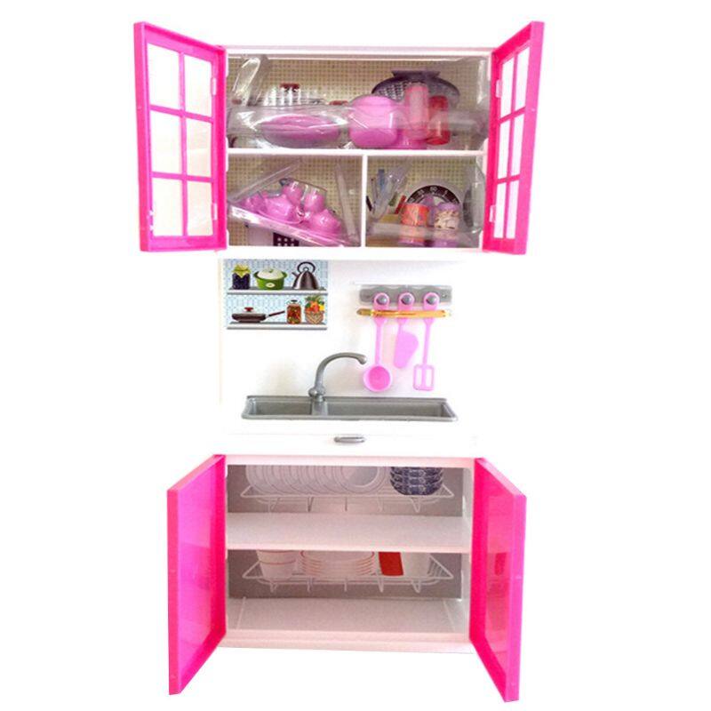 Simulation Kitchen Cabinets Set Children Pretend Play Cooking Tools Mini Dolls Tableware Suits