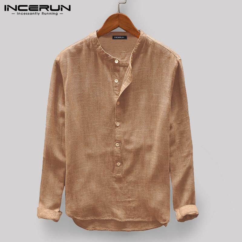 INCERUN Men's Autumn Casual Solid Long Sleeve Shirts V-Neck Blouse Button Tops