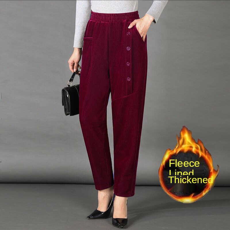 Corduroy Harem Pants Women's Autumn and Winter Thickening Plus Fleece Long Pants High Waist Loose Plus Size Mother Pants Button Casual Pants