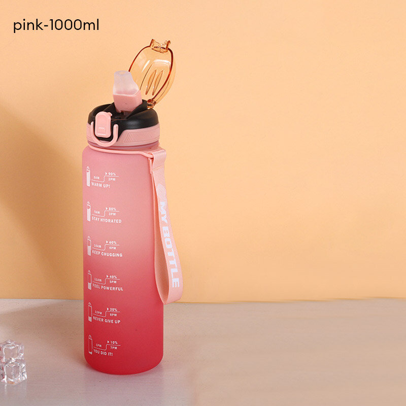 JJT water bottle with straw 1000ML Medicine water bottle Portable water bottle, capsule cup, available in 5 colors portable plastic water bottle Sports-style water bottle, capacity 1 liter , PC plastic, anti-fall, shatterproof, safe and harmless