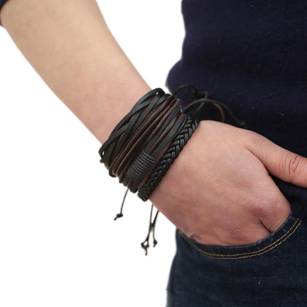 1 Bộ Vòng Tay Đan Dây Nhiều Lớp Phong Cách Punk Cho Nam, Phụ Kiện Vòng Đeo Tay Bằng Da PU