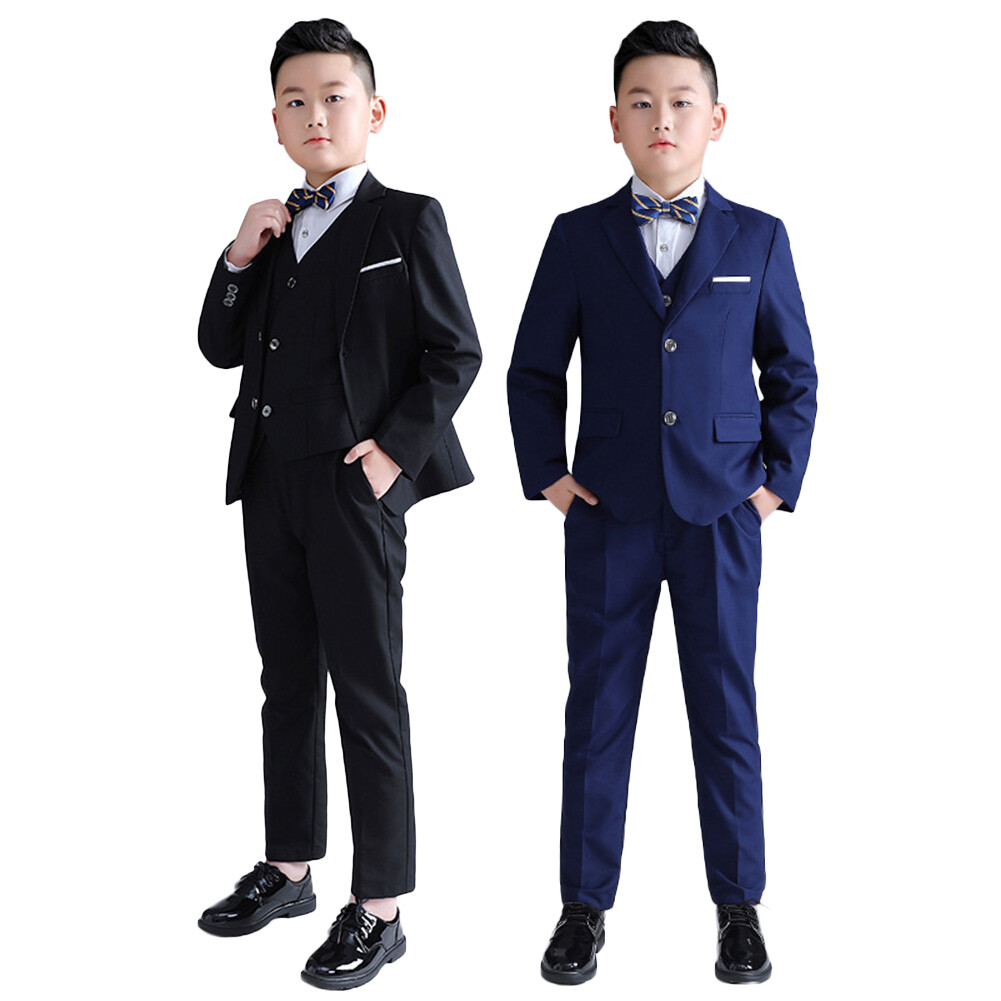 lontakids 4Pcs/5PCs Boys Plus Size Blazer Suit Kids Jacket Pants Shirt Bow Tie Tuxedo Set Black Navy Blue Coat Formal Attire Wedding Birthday Party Gentleman Clothing
