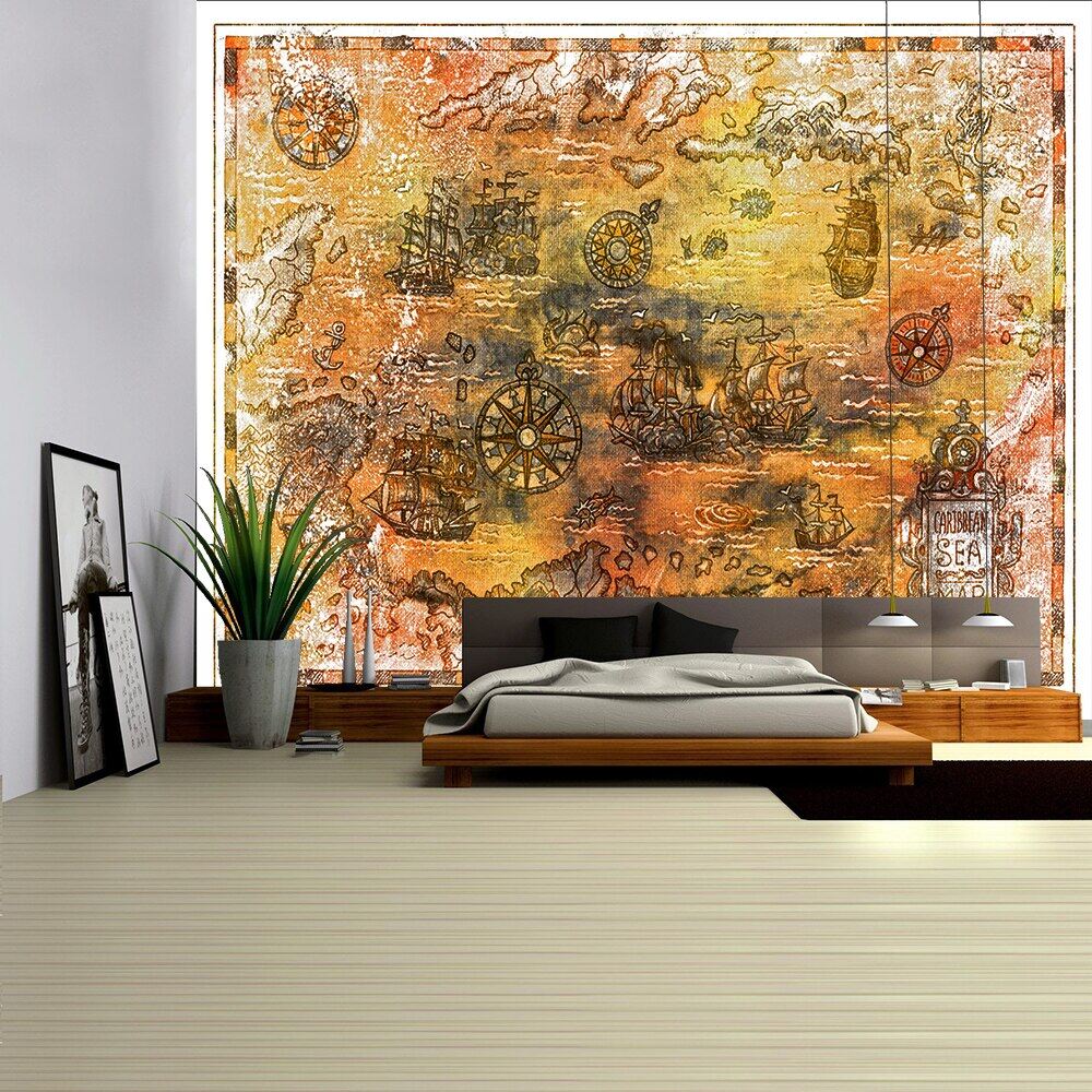 Nautical Chart Tapestry Pirate Treasure Map Hanging Decor Watercolor Map Letter Polyester Table Cover Yoga Beach towel