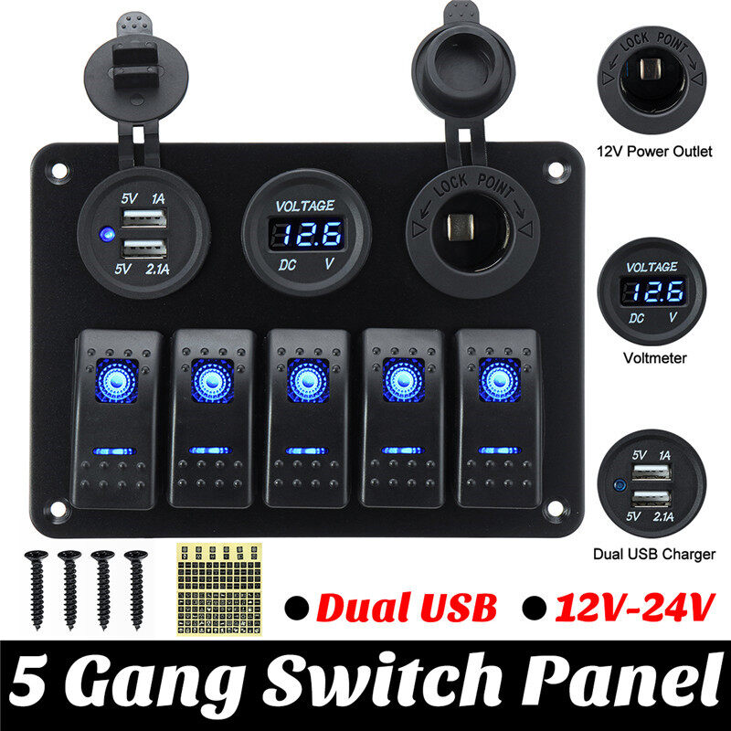 Marine Boat 5 Gang Electrical LED Rocker Switch Panel USB Circuit Breaker 12V DC