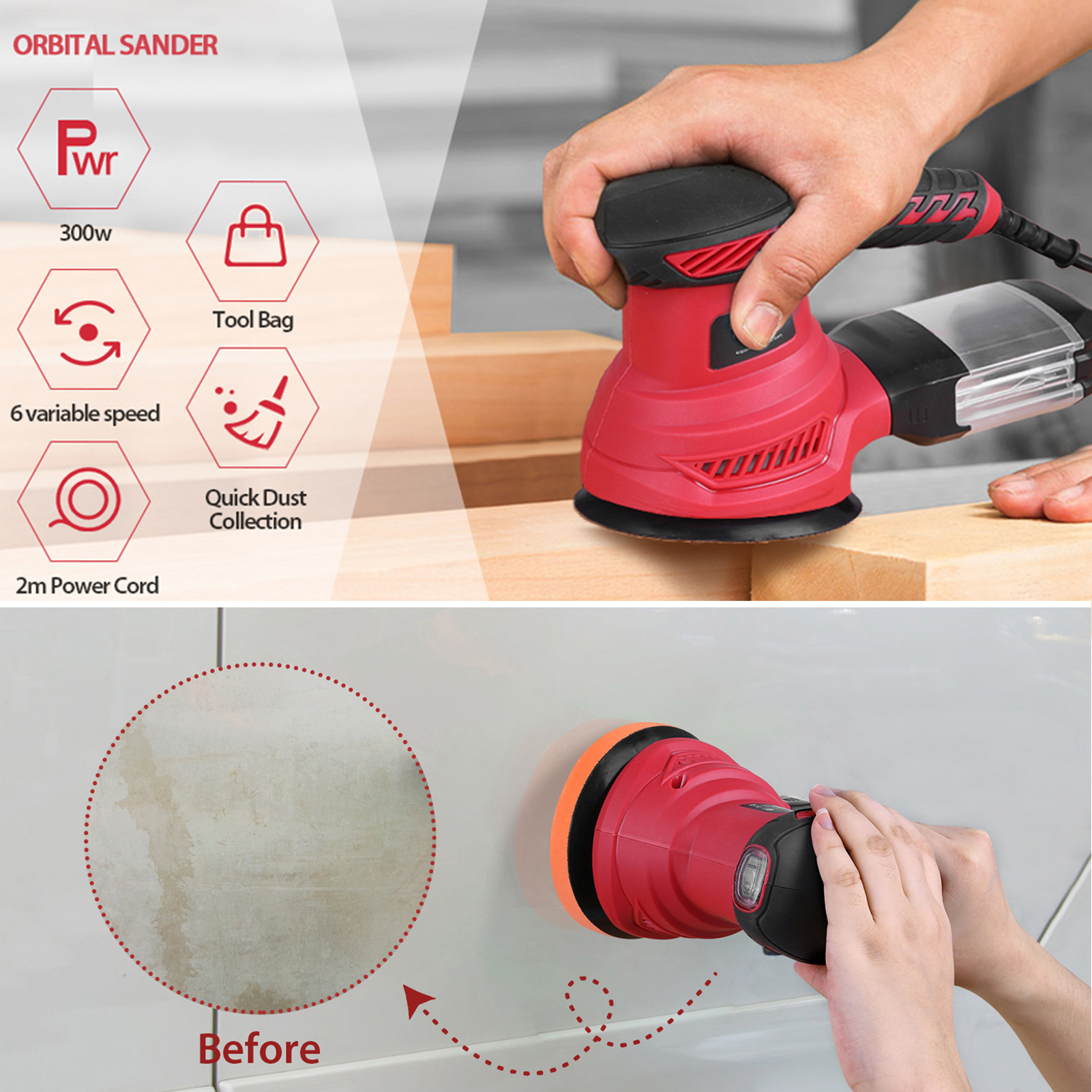 KKmoon 300W Random Orbit Sander 2.5-Amp Orbital Sander with 6 Variable Speeds 13000 OPM 20pcs Sanding Discs Sponge Disc Wool Disc Tool Bag Efficient Collector for Woodworking Sanding Detailing Finishing