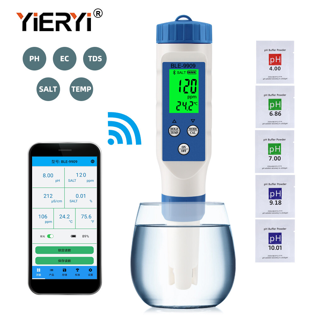 Yieryi smart bluetooth ip67 waterproof water quality tester ph/ec /tds /salinity /temp ph tester for aquarium