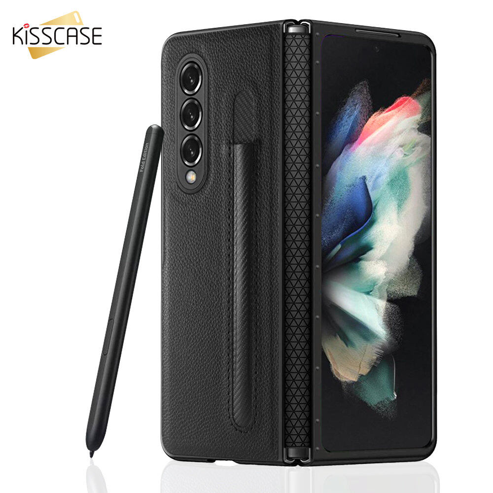 Kisscase lychee pen slot case for samsung galaxy z fold 4 3 5g shell pu+pc leather pattern anti-shock cover for galaxy z fold 4 fold 3 luxury case