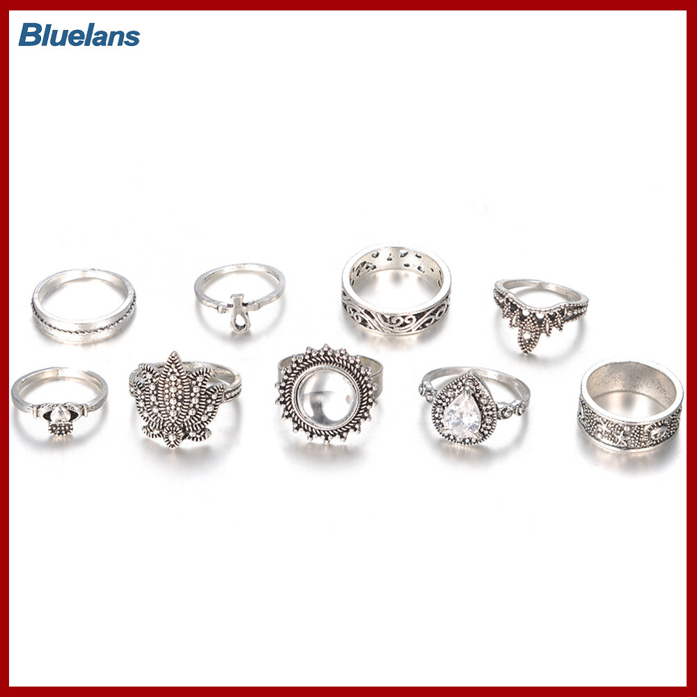 Bluelans®9Pcs/Set Retro Women Rhinestone Knuckle Finger Ring Jewelry Accesories Gifts