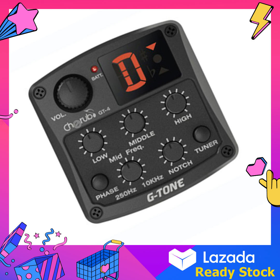 Cherub GT-4 Acoustic Guitar Pickup and Preamp 3-Band EQ Equalizer + Chromatic Tuner Mid Frequency Control Piezo Ceramic Pickup