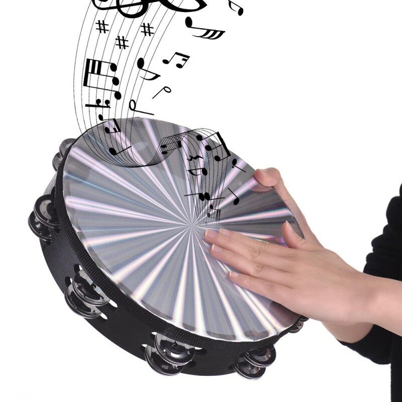 8/10 Trống Tay Chuông Tamborine Bằng Gỗ Phát Quang Với Hai Hàng Jingles Trống Phản Quang Đầu Nhạc Cụ Gõ
