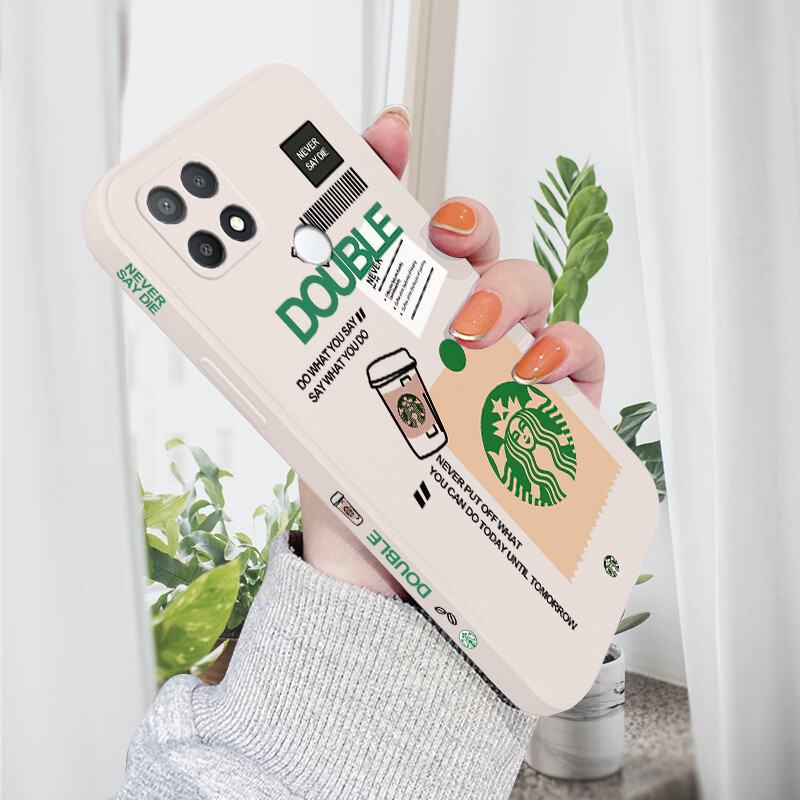 Jinsouwe Cellphone Case For OPPO A15 / OPPO A15S / OPPO A78 4G Case For Girls Boys Fashion Starbucks Label Casing Square Edge Pattern Liquid Silicone Full Cover Shockproof Camera Protect Case