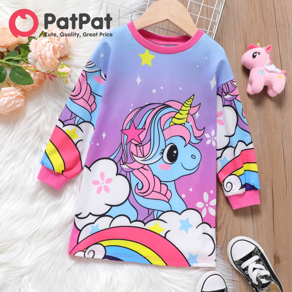 PatPat Toddler Girl Sweet Unicorn Rainbow Print Long-sleeve Sweatshirt Dress