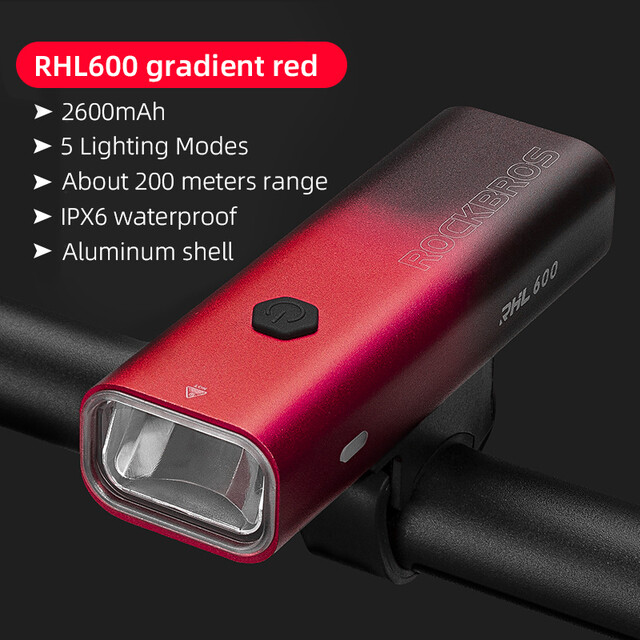 Rockbros bicycle front light 600lm 2600mah handlebar headlight mtb road typc-c bike flash light aluminum alloy cycling light
