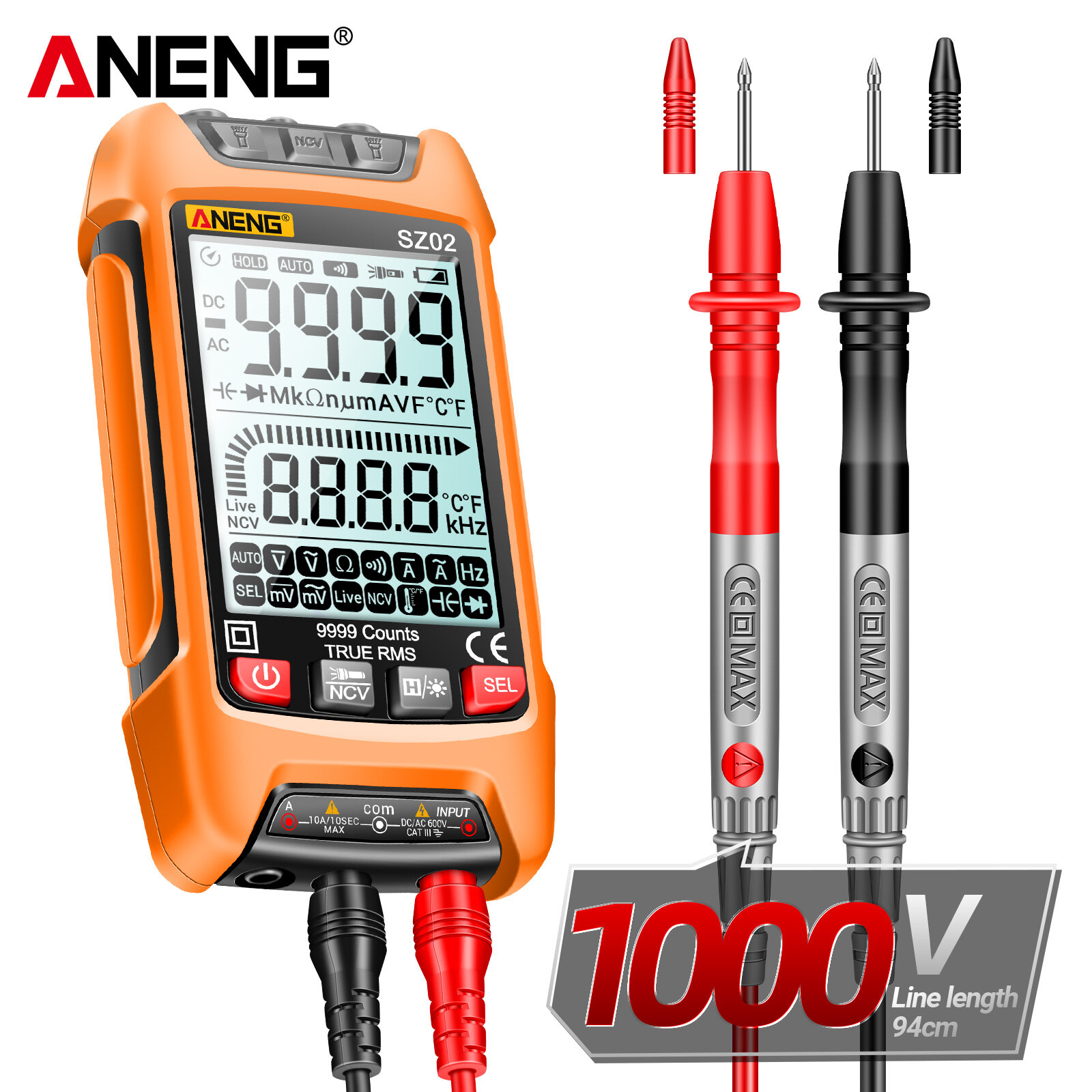 KKmoon Đồng Hồ Vạn Năng Kỹ Thuật Số Thông Minh ANENG SZ02 Đồng Hồ Vạn Năng NCV Phạm Vi Tự Động 9999 Số Đếm Máy Kiểm Tra Đa Năng Cầm Tay Vôn Kế Ampe Kế Có Đèn Nền Đèn Pin Điện Áp AC/DC & Điện Trở Dòng Điện Đo Nhiệt Độ Tần Số Điện Dung