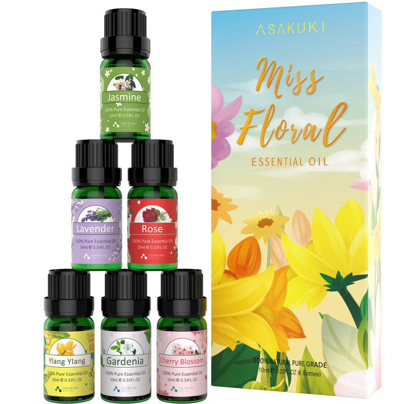 ASAKUKI Floral Essential Oils Gift Set, Aromatherapy Diffuser Oils Fragrance, 100% Pure Therapeutic Grade with Lavender, YlangYlang, Rose, Jasmine, Cherry Blossom, Gardenia, 10mL*6 Singapore