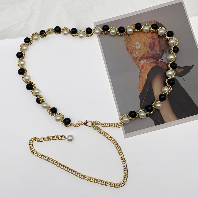 Pearls Beaded Women Waist Chain Belt Korean Style Simple Metal Chain Belt Coat Dress Decoration All-match Belt