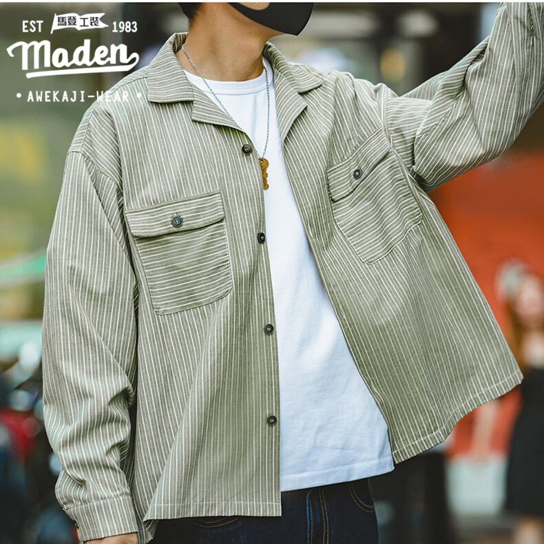 Maden brand tooling men youth 2024 autumn new street culture hip-hop American retro oversize striped Cuban collar shirt Ami Kaji V-neck casual loose men long-sleeved beach vacation color shirt