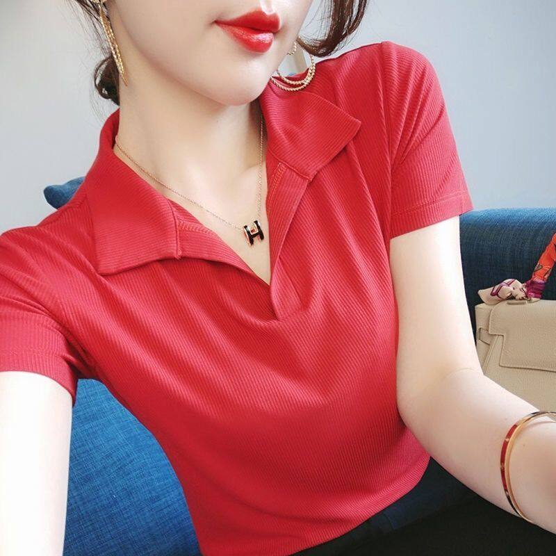 Áo Thun Ngắn Tay Bằng Lụa Lạnh Mới Mùa Hè 2021 Áo Khoác Mặc Lót Cổ POLO Học Sinh Hàn Quốc Dáng Rộng Cỡ Lớn Cho Nữ