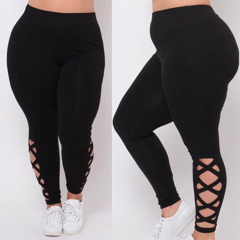 Women Plus Size Elastic Leggings Gym Solid Criss-Cross Hollow Out Sport Pants