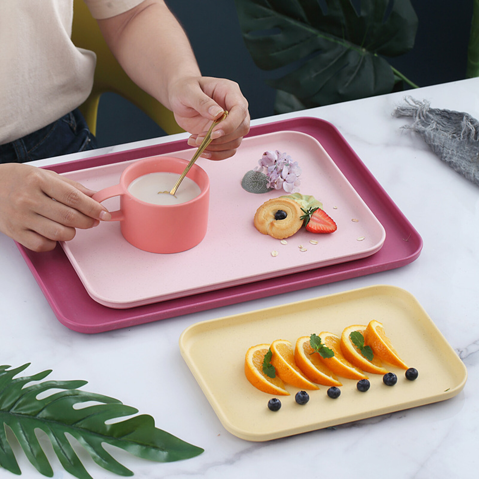 Useful Breakfast Serving Tray Ornamental Exquisite Nordic Style Decorative Rectangular Plastic Tray for Party