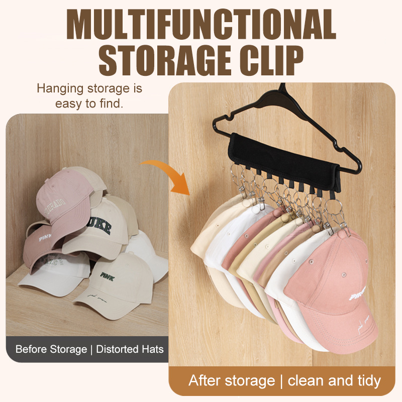 Cap Organizer Hanger, Portable Hat Organizer Holder with Rust-resistant Clips, 10 Stainless Steel Multi-purpose Storage Clips, for Hanging Hat/Socks/Gloves, etc