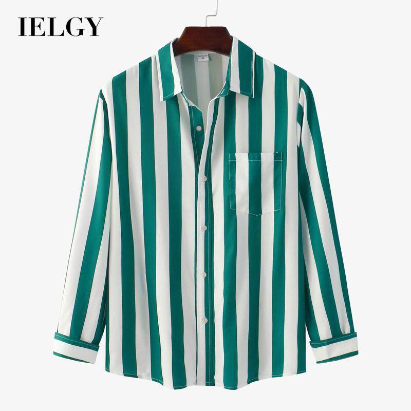 IELGY men's blue and white striped long sleeve shirt top