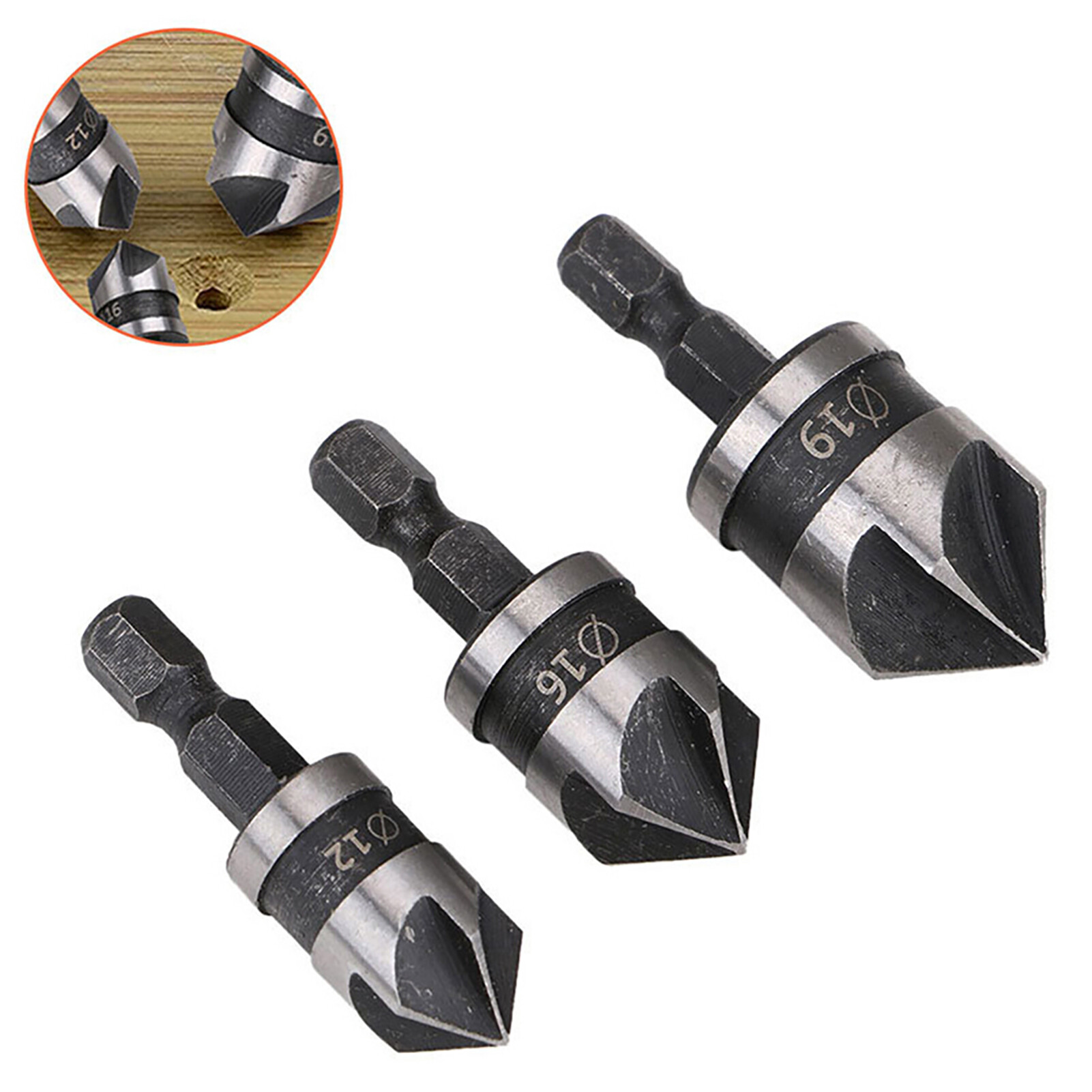 Farfi 3Pcs Drill Bits 90 Degree 1/4 Hexagonal Handle Carbon Steel Chamfer Wood Work Hole Drill Bit for Board Chamfer Drill Bit