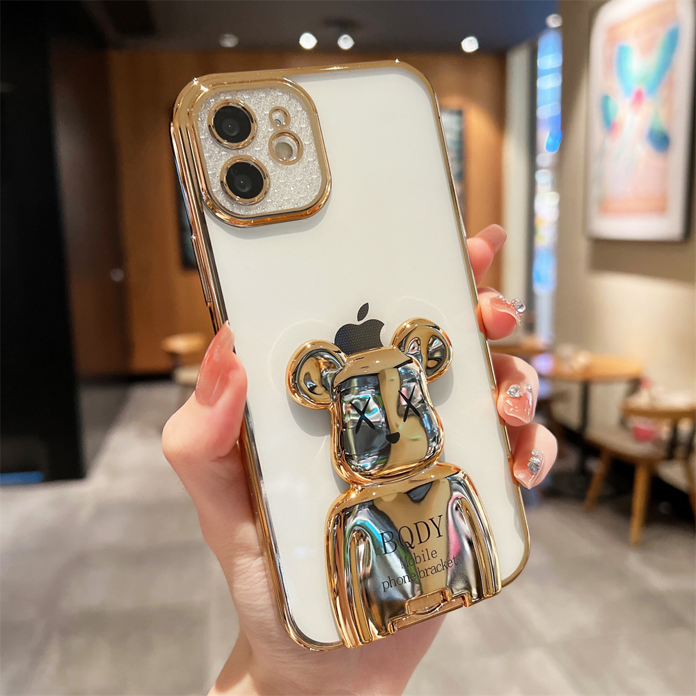 Cute Cartoon Bear Electroplating Bracket Phone Case for IPhone 11 12 13 Pro Max 7 8 Plus SE 2 Case Xr Xs Max Luxury Transparent Electroplated Frame Phone Case