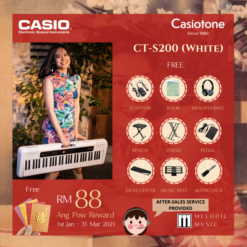 CASIO CT-S200 61 Keys CASIOTONE Keyboard - WHITE with Keyboard Stand, Pedal, Bench, Dustcover, Headphones, Book (CTS200) Malaysia