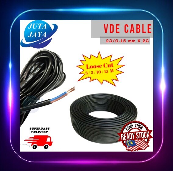 PURE COPPER 23/0.15 x 2C Twin Flat VDE Cable Black 2 Core PVC Insulated ...