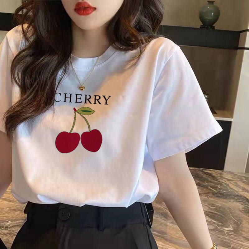 Nữ tay ngắn Áo thun trắng Phong cách Hàn Quốc Áo rời Tất cả các kết hợp In Thường Cổ tròn