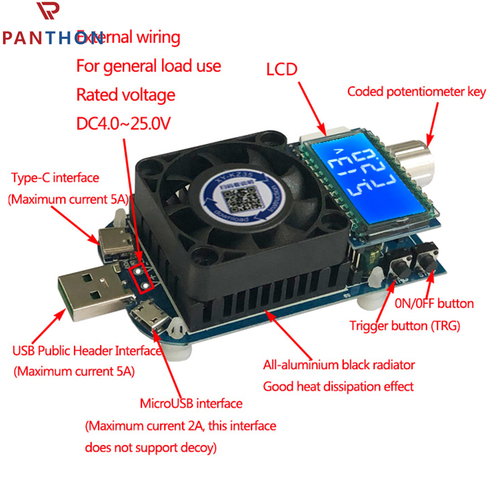 PANTHON Electronic USB Load Tester Adjustable Discharge Resistor Module 35W Test and Trigger QC2.0 QC3.0 AFC FCP with Cooling Fan
