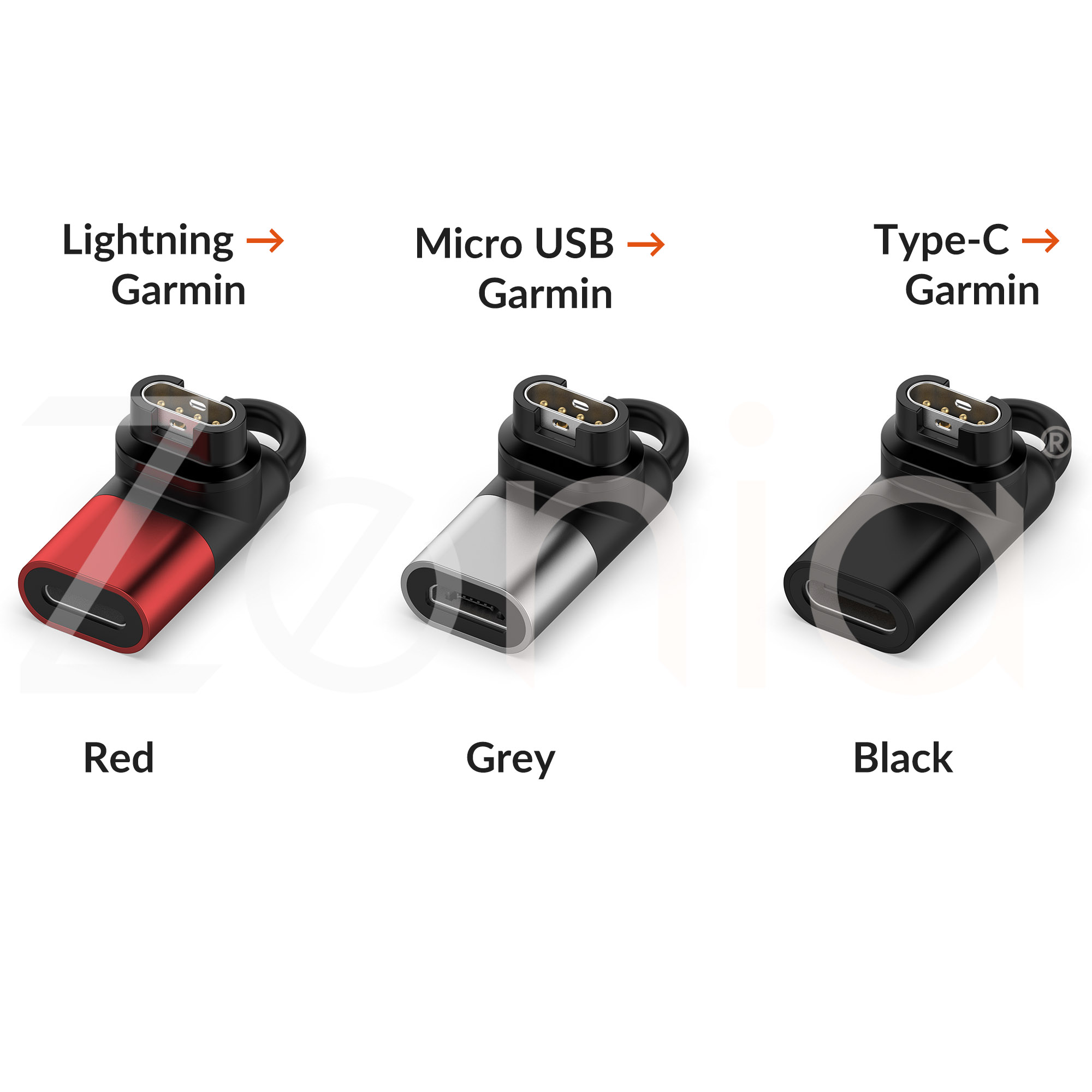 Zenia Bộ chuyển đổi sạc Lightning IOS/Micro USB/Type C sang 4pin Đầu nối bộ sạc chuyển đổi sạc cho Garmin Fenix 8 E 7 7X 6X 6 Sapphire Solar 5X 5 Plus Quatix Enduro 3 Forerunner 970 965 570 Approach S70 S60 S62 Epix Gen 2 Instinct 2X Tactix D2 Delta PX