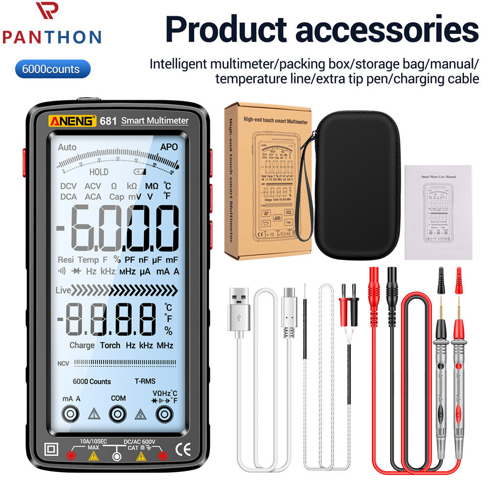 ANENG Rechargeable Digital Multimeter Color LCD Display 6000 Counts Ohmmeter Cap Ohm Hz Diode Voltage Tester
