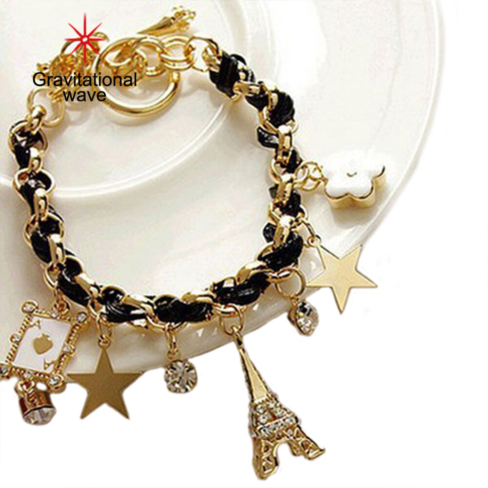 Gravitational wave Women Fashion Eiffel Tower Stars Flower Poker Pendants Faux Leather Bracelet Jewelry
