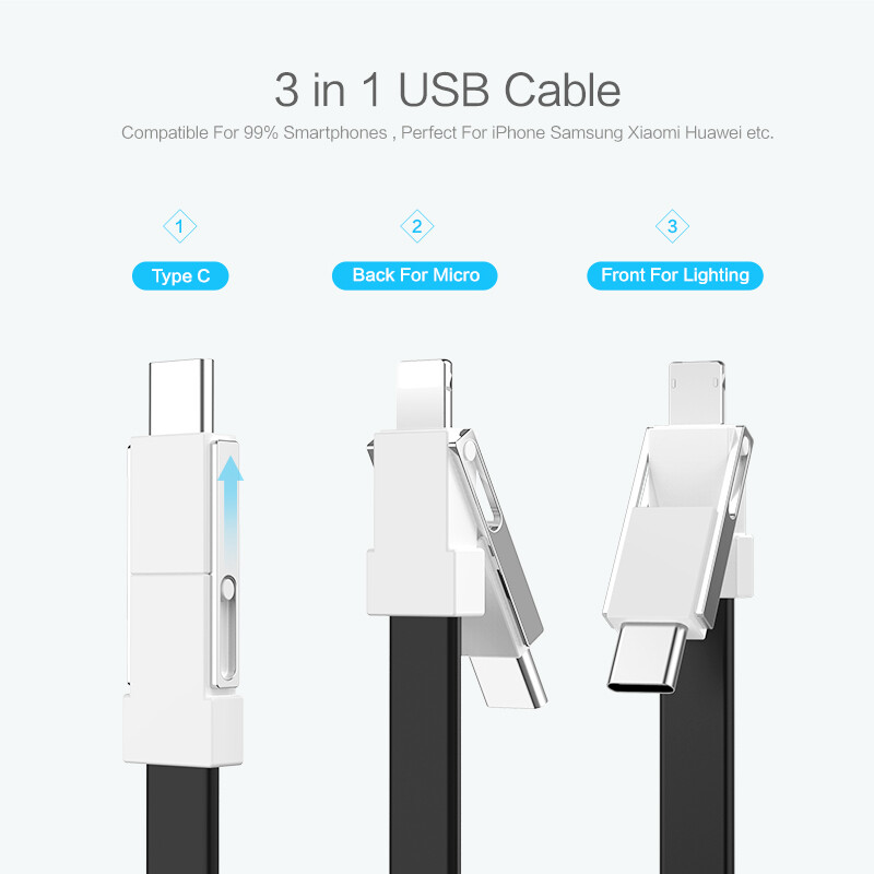 3 Trong 1 Cáp USB Micro USB Loại C Chiếu Sáng Cáp Cho iPhone XR X Samsung 2A Mini Keychain Sạc Cáp Cho Xiaomi Huawei