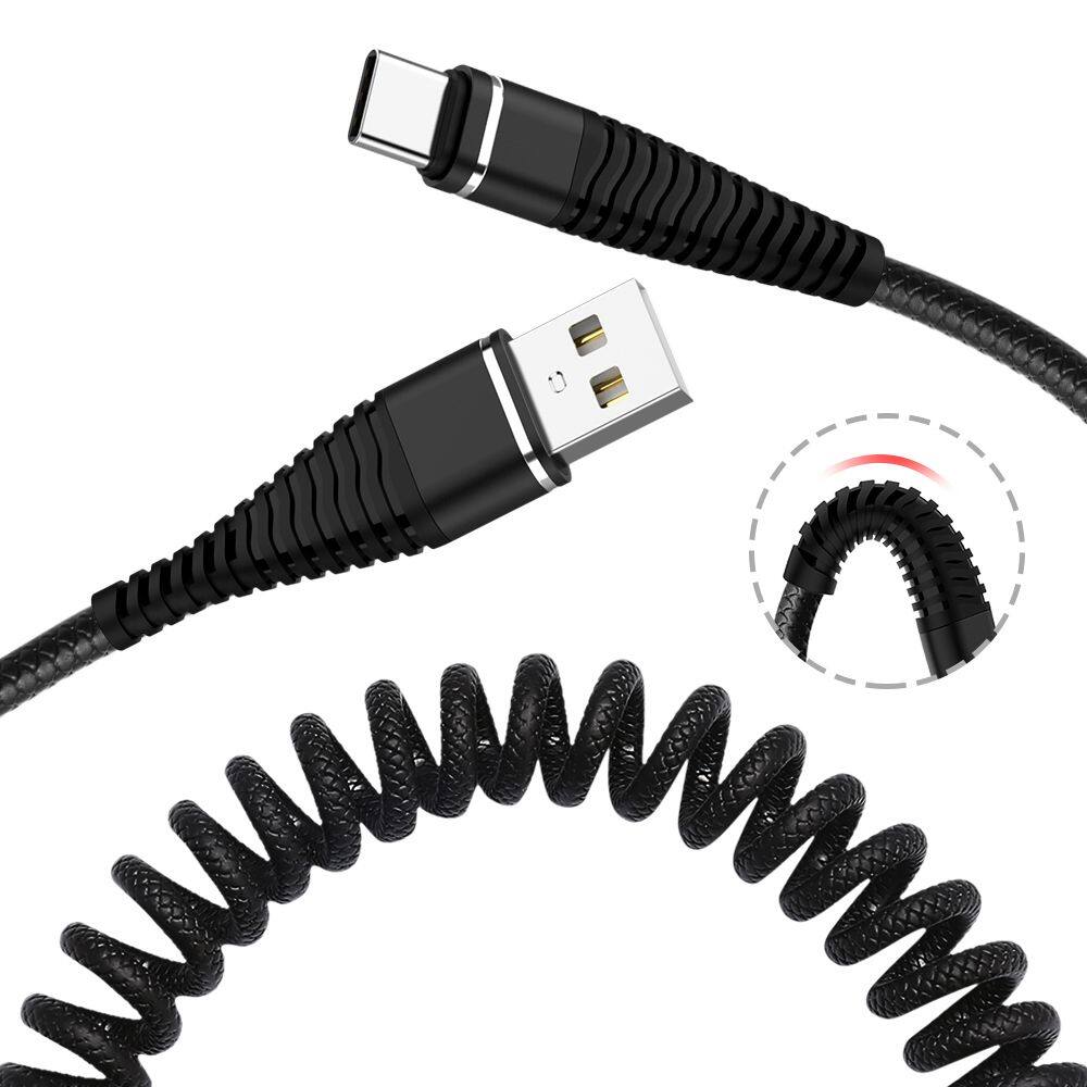 AMELY Retractable 1.2M Quick Charger Wire Digital Cables Data Wire Data Sync Charger Cord Data Line Spring USB Cable Type C Fast Charging Cable USB Charger Cable