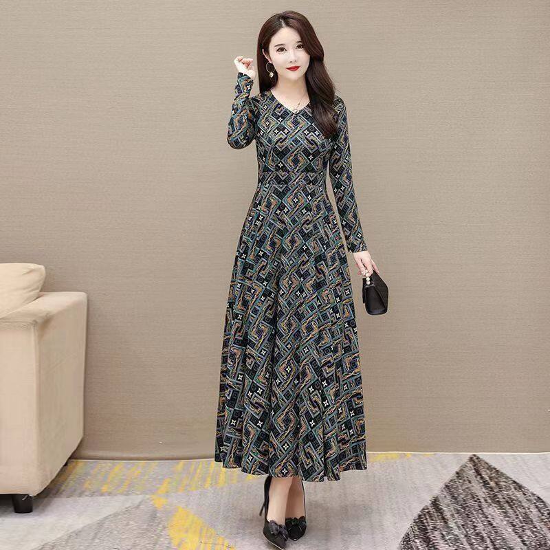 【SW】Long sleeved skirt with geometric printed patterns for middle-aged and elderly people