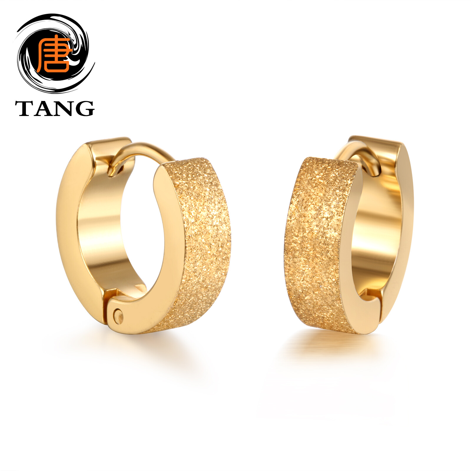 Qingwen Golden brushed titanium steel earrings for men set ear piercing Stainless steel earrings Gold barbel cool hypoallergenic iareng for men kpop round airing hikaw for boys 925 silver earings for men on sale