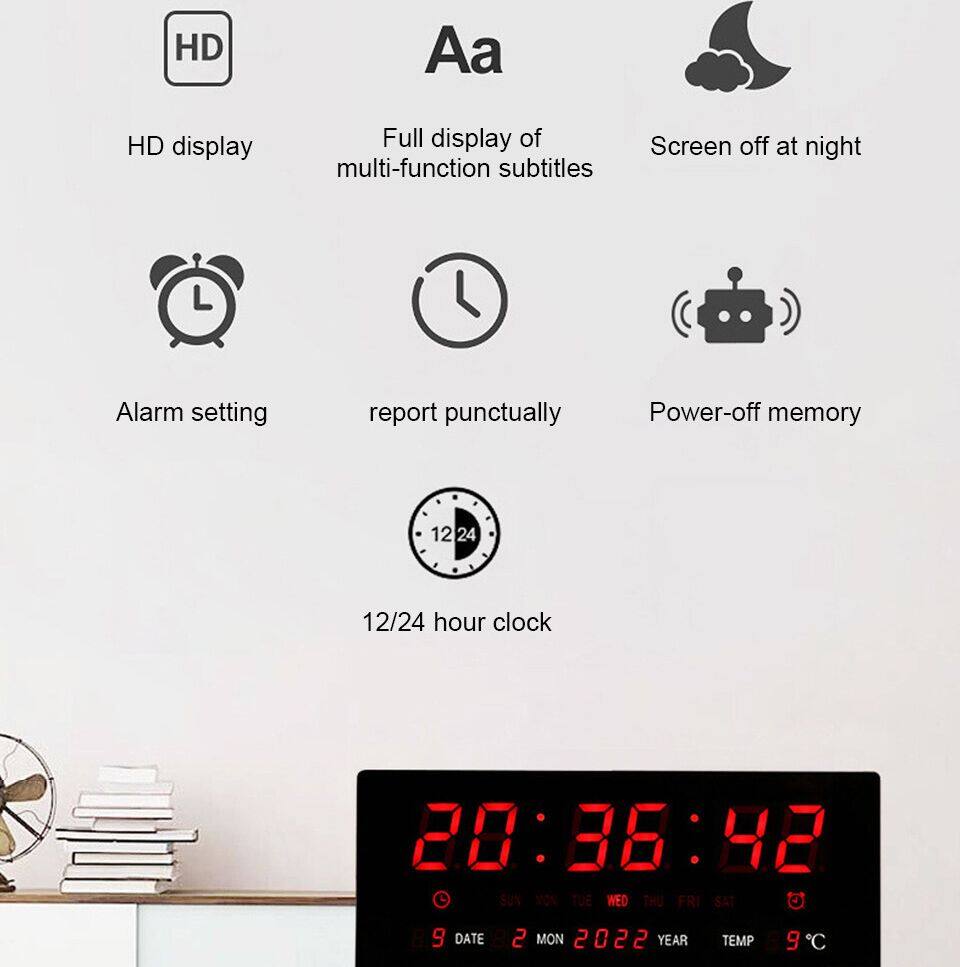 Large Digital Wall Clock Luminous Alarm Clock Hourly Timekeeping Display Temperature Date Calendar Desk Clock Wall Mounted LED Clock Decorative Clock