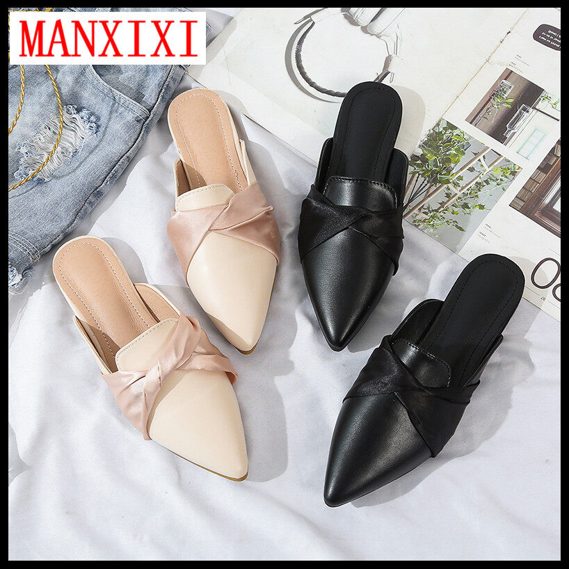 MANXIXI Brand Korean Version Slippers Fashion Beautiful INS Street Style Bow Shoes Flat Mules Sandals For Women (Size 35-40)