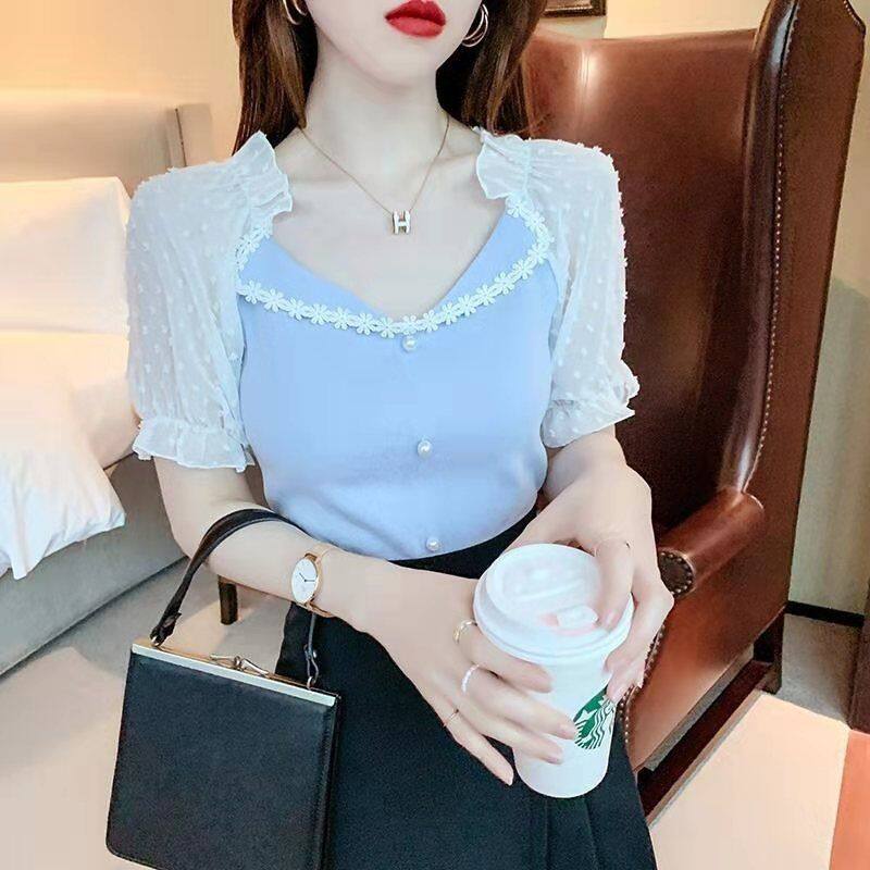 Women Chiffon Stitching Stretch Sweater Puff Sleeve Slim Short Sleeve Top