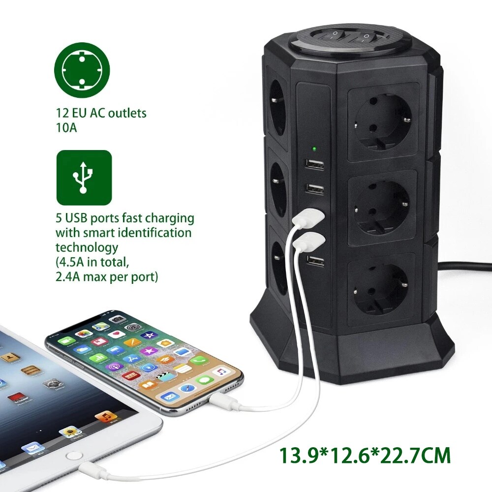 [HOT W] Tower Multi Power Strip Vertical EU Plug 12 Way Outlets Sockets with USB Surge Protector Circuit Protection 2m Extension Cord