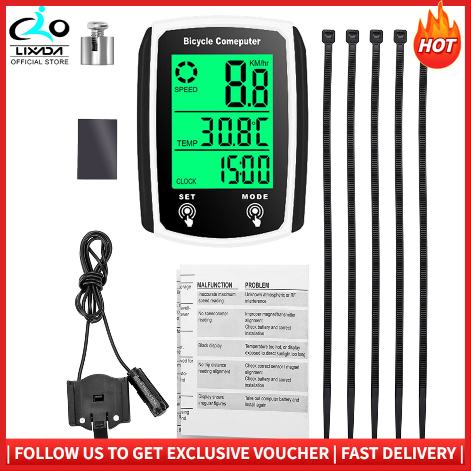 LIXADA Wired Bike Computer LED Digital Bicycle Speedometer Odometer Touchscreen Cycling Computer Waterproof with Backlight for Mountain Road Bike
